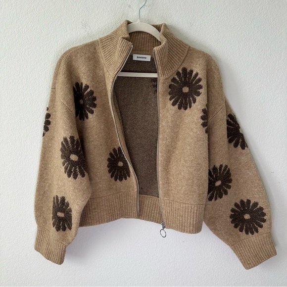 Sandro Silas Wool-Blend Floral Zip-Up Trucker-Style Knit Sweater SZ 3, L - Picture 6 of 8